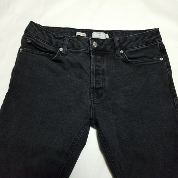 Topman Black Wash Mid Rise Stretch Skinny Jeans w/ Ripped Knees - Picture 4 of 6